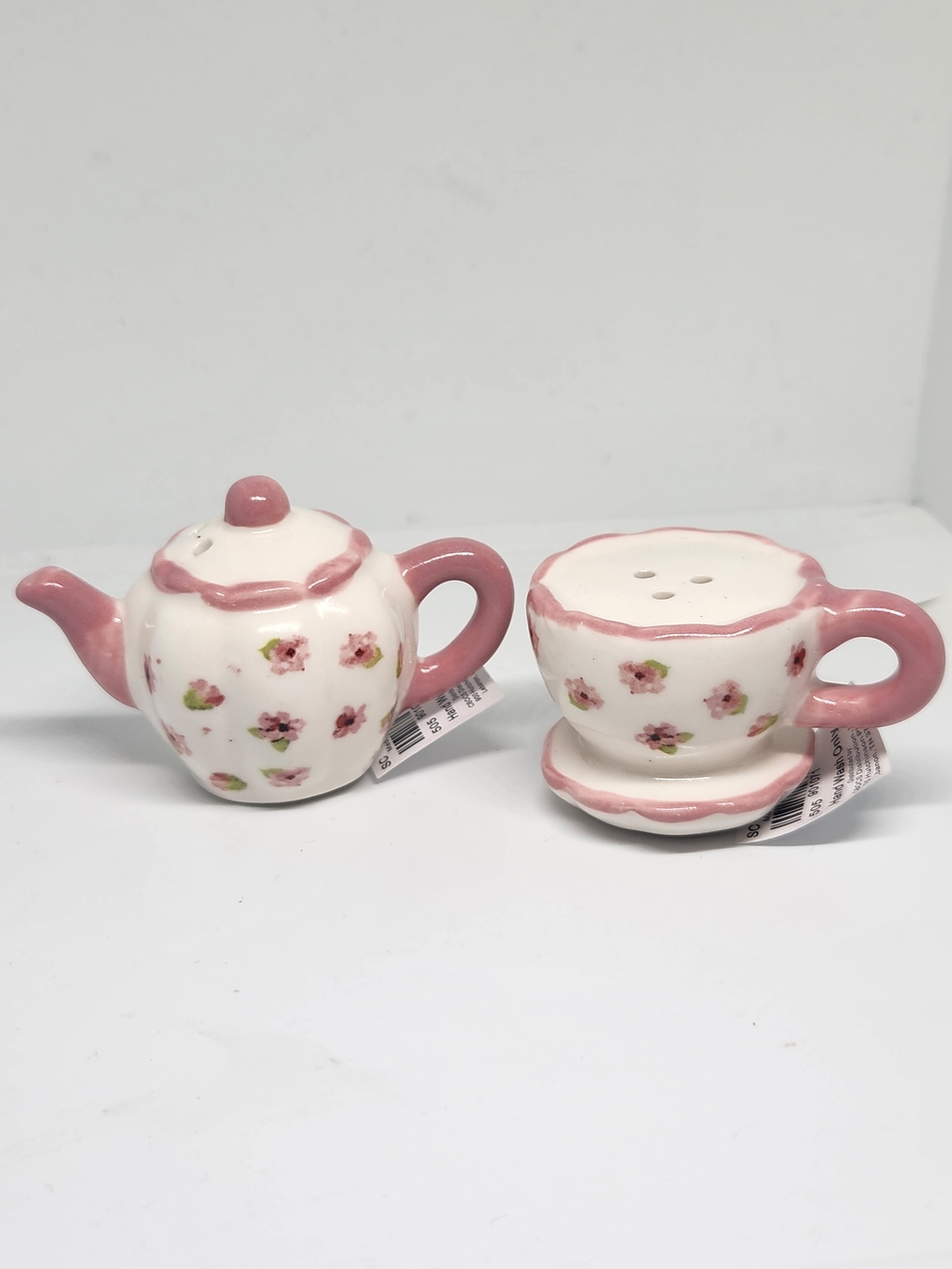 Cracker Barrel Mini Salt Pepper Shakers Pink Floral Teapot Teacup Tea Set New
